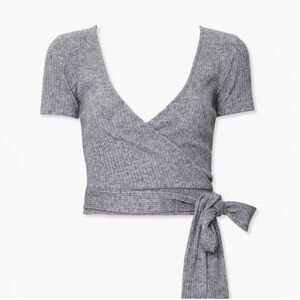 Forever 21 Heather Gray Ribbed Sweater Surplice Crop Top